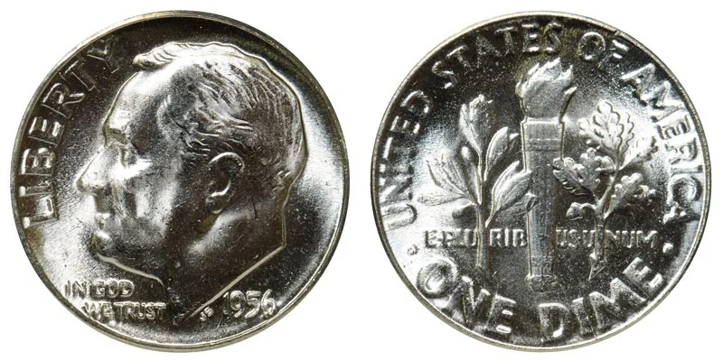 1956 Roosevelt silver dime obverse and reverse showing Philadelphia mint example