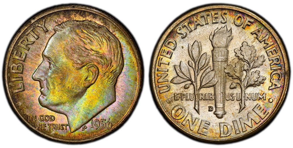 Side-by-side comparison of 1956 Roosevelt dime with Full Bands vs. standard strike torch bands