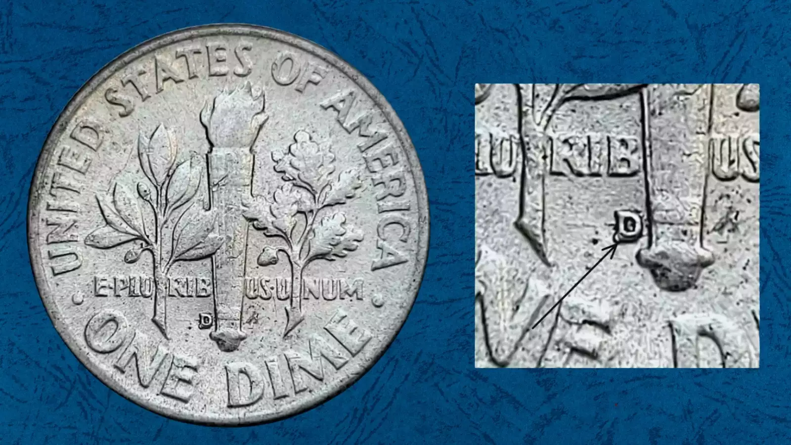 1956-D Roosevelt dime repunched mint mark error showing secondary D impression visible under magnification