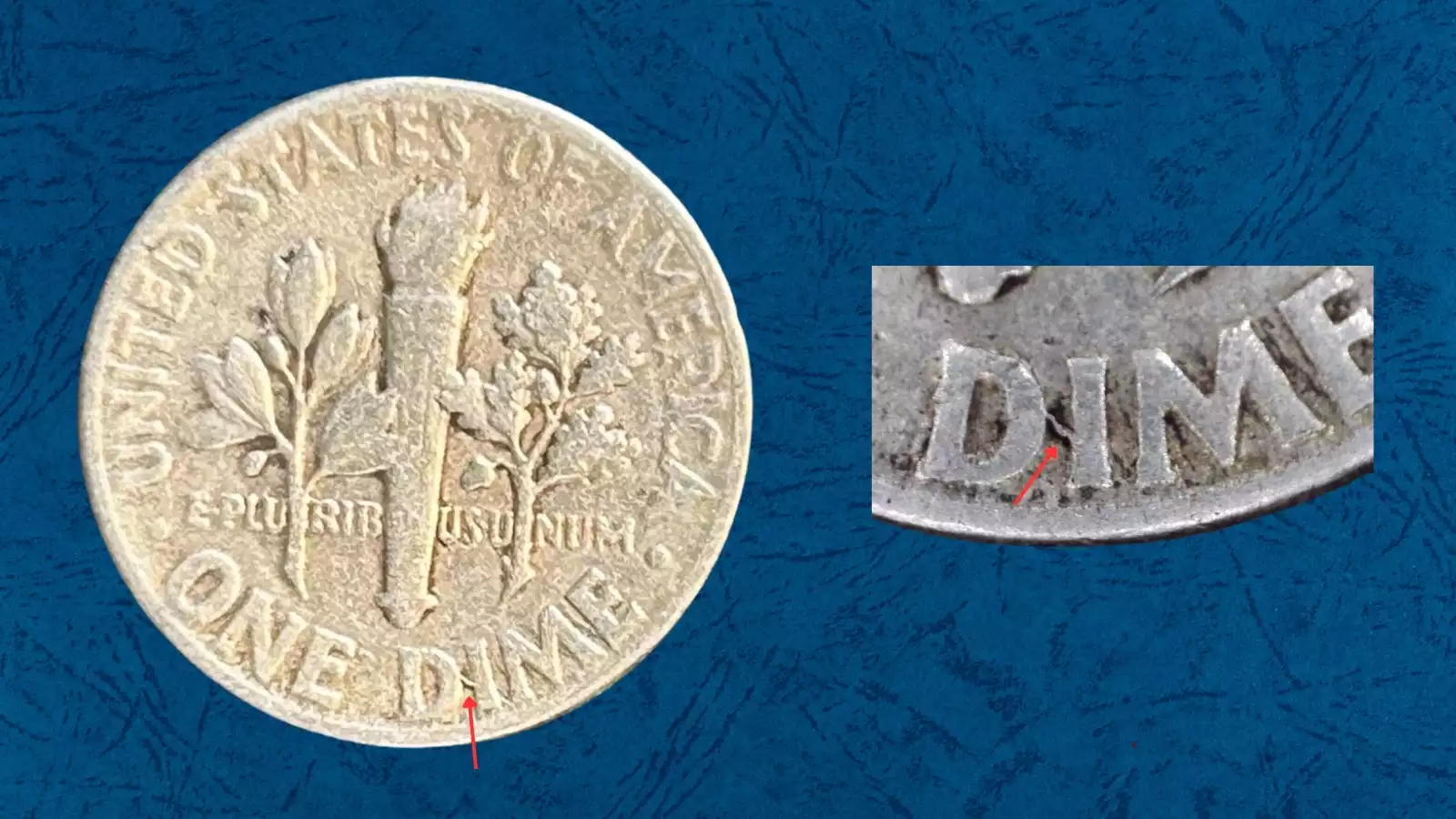 1956 Roosevelt dime die crack error showing raised line running through the obverse design