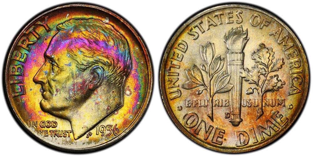 1956 Roosevelt dime grading strip showing four coins from worn Good condition through Mint State